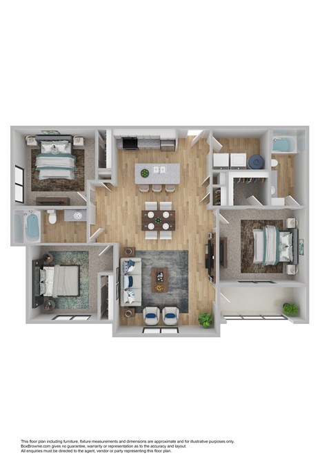 A floor plan of a furnished apartment with a kitchen, living room, and two bedrooms.